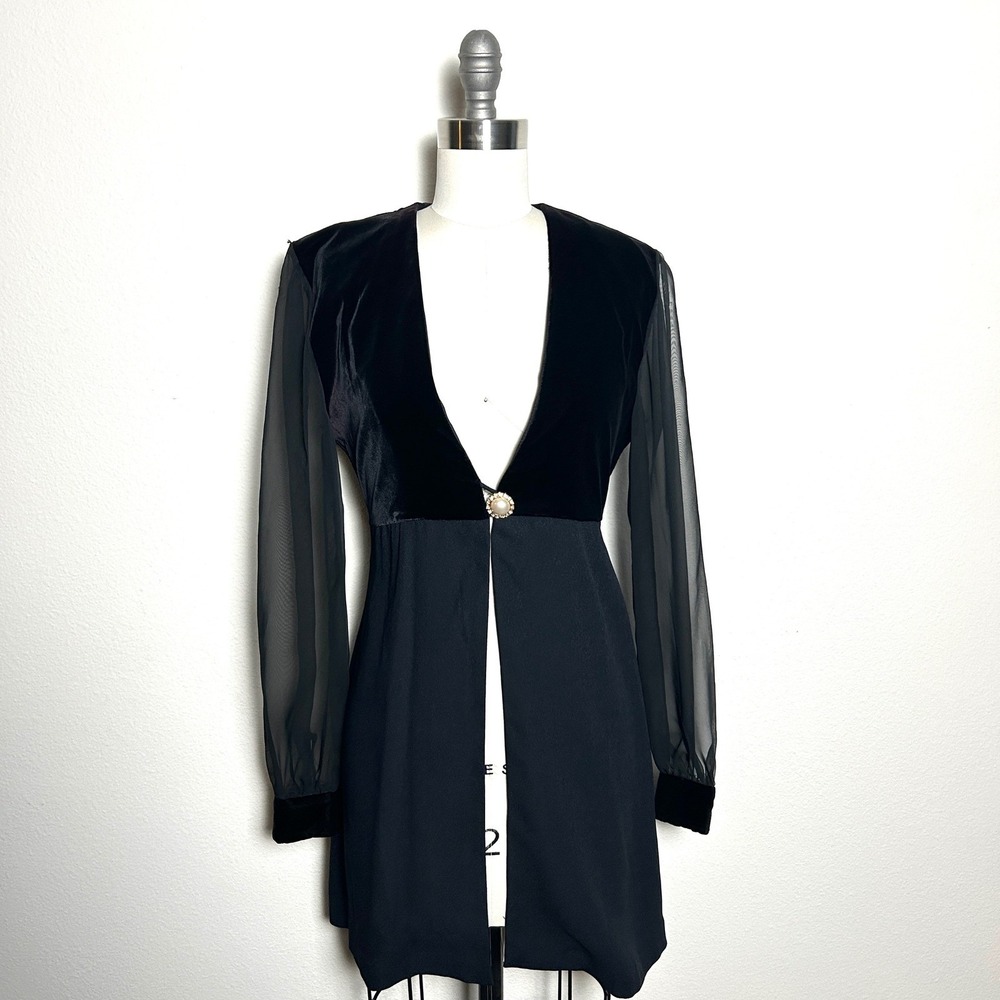 Vintage J.R. Nites Black Rayon Velvet Sheer Sleeve Open Front Mini Dress Women 6